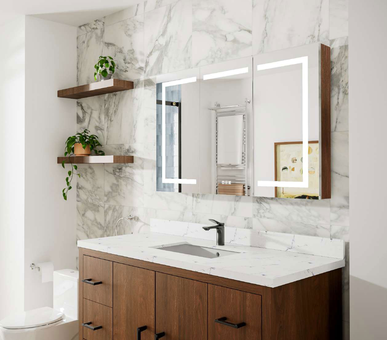 Modern bathroom with a marble backsplash, double vanity with dark wood cabinets, and an illuminated mirror. Two wall shelves hold potted plants, adding a fresh touch.